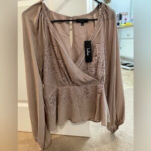 Lulu's Taupe Lace Detail Blouse